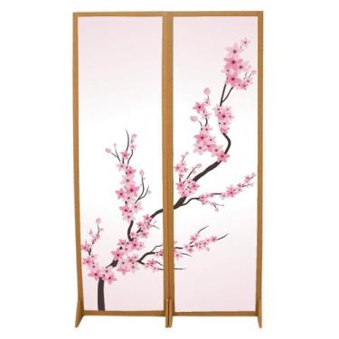 Imagem de 2 Biombo Oriental Japonês Sakura Reto Com Pés Folha Painel Mdf Divisor