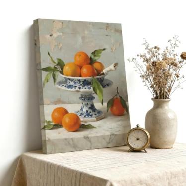 Imagem de Arte de parede em tela vintage natureza morta, tigela de frutas de porcelana azul e branca com laranjas, decoração de parede de cozinha e sala de jantar, pintura a óleo impressa galeria embrulhada