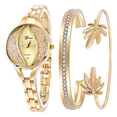Imagem de Relógio de pulso feminino Weicam diamante pulseira bracelete conjunto de joias analógico quartzo relógio de pulso para mulheres, Dourado