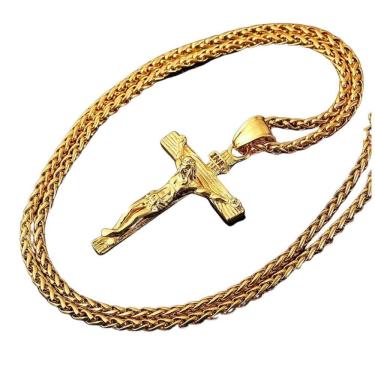 Imagem de Cordão Dourado Unissex Aço Crucifixo Jesus