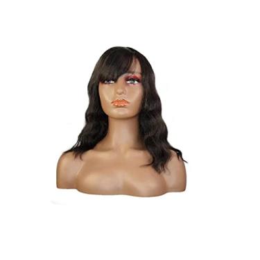 Imagem de Peruca encaracolada sintética curta bordô peruca com franja natural cabelo fibra resistente ao calor feminino (14 polegadas) (Preto)