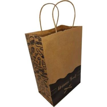 Imagem de 300 Sacolas De Papel Kraft Alça Torcida Delivery Tamanho Pequena P 18x28x11 HAPPY FOOD