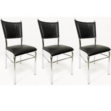 Imagem de Kit 3 Cadeiras De Cozinha Com Reforço Cromada Assento Preto Fibra Sint