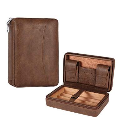 Imagem de GALINER Cigar Couro Viagem Umidificador caixa Madeira Cedar Portabilidade Cigar Capa Umidificador Higrômetro Ajuste 4 Charutos