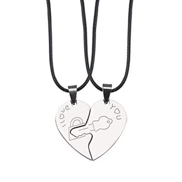 Imagem de CNBPIC Colar 2 Pces Coração Forma Pingente Titânio Aço Corrente Couro Corda Casal Joias Presente