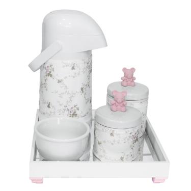Imagem de Kit Higiene Espelho Potes, Garrafa, Molhadeira e Capa Ursinho Rosa Quarto Bebê Menina