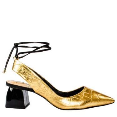 Imagem de Sapato Feminio Slingback Abelle Shoes Salto Bloco e Médio Em Couro Croco Ouro Bella Tamanho:38;Cor:Dourado