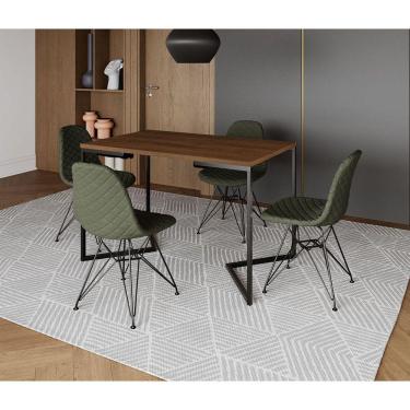 Imagem de Mesa Jantar Industrial Retangular Amêndoa 120x75 Base V com 4 Cadeiras Estofadas Verdes Aço Preto 