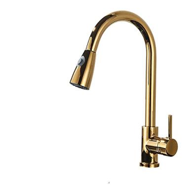 Imagem de Torneira de cozinha preta fosca Torneira misturadora dourada Retrátil Montada no convés Torneira da pia do banheiro Misturadores de água quente e fria Cabeça de pulverização, Dourada A