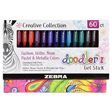 Imagem de Zebra Pen Canetas de gel Doodlerz, pacote com 60, ponta ousada de 1,0 mm, material escolar e para álbuns, escrita suave, aderência ergonômica, cores arco-íris: glitter, néon, metálico, pastel, barril
