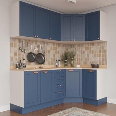 Imagem de Cozinha Modulada 6 Peças com Tampo 3 Aéreos 6 Portas e 3 Balcões Arizona Cabecasa Madeiramadeira Branco/azul