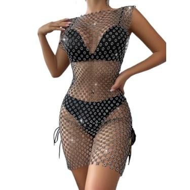 Imagem de Camisa Feminina Rhinestone Studded Fishnet Mesh Dress Without Lingerie Set (Color : Black, Size : X-Small)
