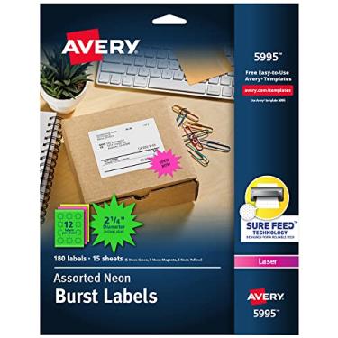 Imagem de AVERY Etiquetas de endereço neon com Sure Feed para impressoras a laser, 5 cm, cores sortidas, 180 etiquetas (5995)