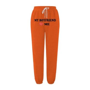 Imagem de My Boyfriend Love Calças de moletom outono/inverno roupas para mulheres estampado bolso cintura elástica moletom de lã (laranja, P)