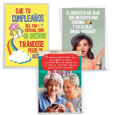 Imagem de NobleWorks Pacote sortido de 3 cartões comemorativos de aniversário espanhóis divertidos com envelopes (3 designs, 1 cada) Spanish Laughs VC10235BDG-C1x3-SL