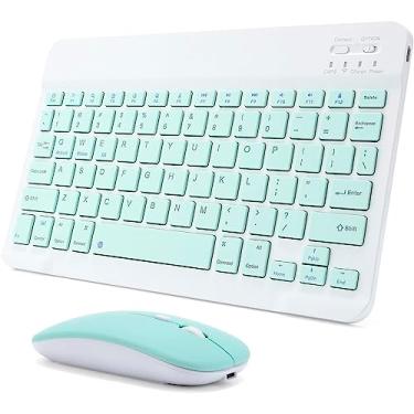 Imagem de Conjunto de teclado e mouse Bluetooth recarregável, ultrafino, portátil, compacto, sem fio, tablet, celular, iPhone, iPad Pro, Air, mini, iPad OS/iOS 13 acima (branco/verde)