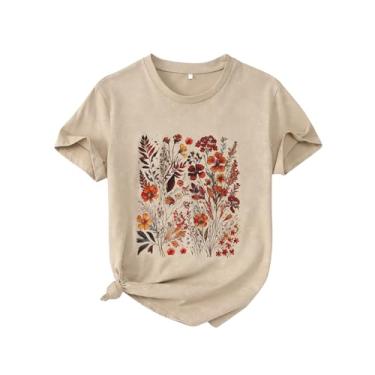 Imagem de MODNTOGA Camiseta feminina floral vintage com estampa de flores silvestres, manga curta, estampa de flores, retrô, grande, gola redonda, Caqui, GG