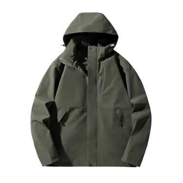 Imagem de Jaqueta masculina leve corta-vento Rip Stop capa de chuva casaco com capuz gola cor sólida, Verde militar, M