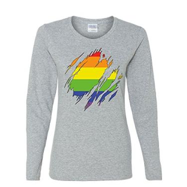 Imagem de Camiseta de manga comprida com bandeira do arco-íris do orgulho gay rasgado LGBTQ Love Wins, Cinza, M