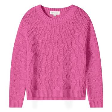 Imagem de TRENDSTITCH Suéter feminino gola redonda manga longa pulôver algodão outono grosso chique cabo tricô suéter com fenda lateral, Rosa choque, 11-12 Anos