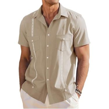 Imagem de COOFANDY Camisa masculina de manga curta Guayabera cubana casual com botões camisa de praia de verão para homens, verde militar, grande, Cáqui - Estampado, GG