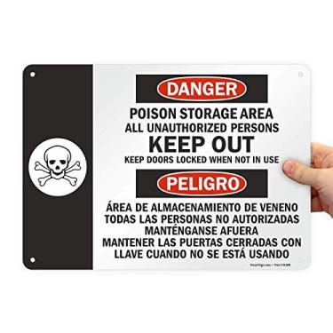 Imagem de SmartSign Placa de alumínio, legenda "Área de armazenamento de venenos", placa bilíngue com gráfico, 25,4 cm de altura x 35,5 cm de largura, preto/vermelho em branco