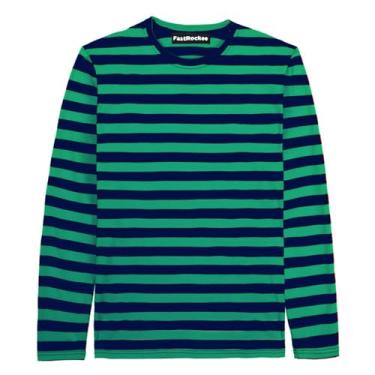 Imagem de FastRockee Camisetas masculinas listradas de manga comprida e gola redonda, Azul marinho e verde, GG
