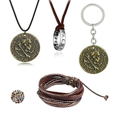 Imagem de HJYZY 29 peças Uncharted 4 Drake Jewelry Gravado Crânio Bronze Moeda Pingente Colar Chaveiro Conjunto Anel Pingente Colar Couro Marrom Pulseira Masculina