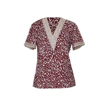 Imagem de Blusa feminina de poliéster quadridirecional elástica floral renda patchwork gola V camisa para o verão, Tipo 3 P, One Size