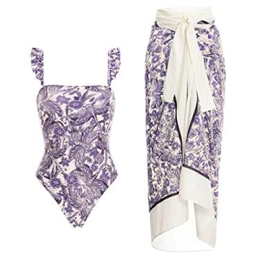 Imagem de Conjunto de biquíni sarongue feminino com estampa floral étnica retrô estilo sarongue com 2 peças, F, P