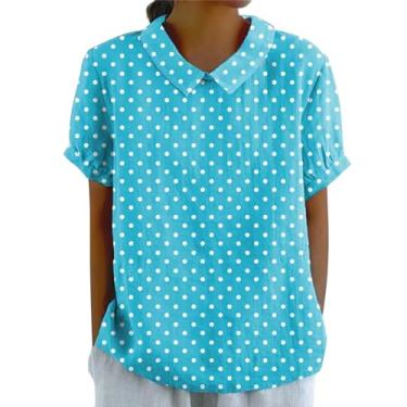 Imagem de Pulôver feminino de linho lapela floral gola redonda botão solto camiseta casual camiseta feminina alta, Azul-celeste, XXG