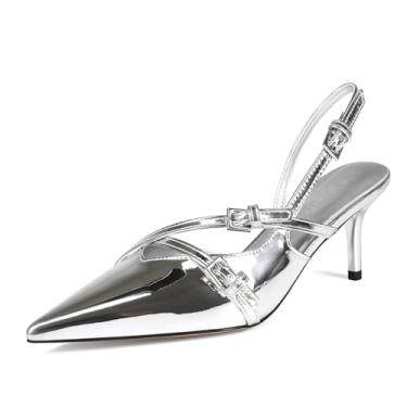 Imagem de Volrina Sandálias Slingback com salto gatinho bico fino e tiras de fivela stiletto de salto alto para mulheres, sapatos de festa de formatura, Prata, 36