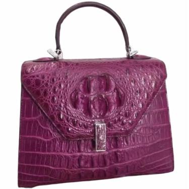 Imagem de Bolsa feminina elegante de couro de crocodilo com pele de jacaré genuína, bolsa mensageiro de ombro feminina, Roxa, 27cm(Length) x 22cm(Height) x 12cm(Deep)