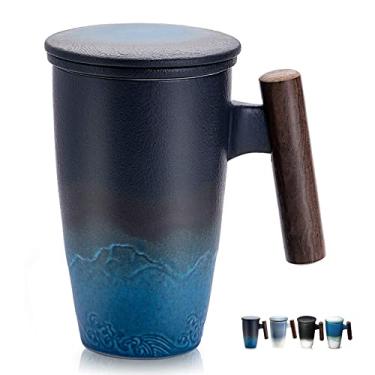 Imagem de suyika Tomotime xícara de chá de cerâmica com infusor e tampa canecas de chá cabo de madeira 400 ml/14 oz preto ciano