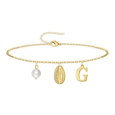Imagem de QILMILY Tornozeleira feminina banhada a ouro 14K à prova d'água, joia de verão, presente para mulheres e adolescentes, letra G, 9inch, Sem Pedra Preciosa