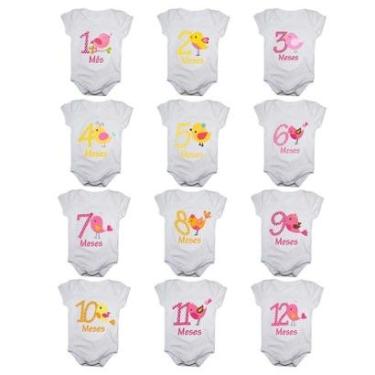 Imagem de Kit 12 Body Bebê Calupa Mesversario Manga Curta Passarinhos 1 A 12 Meses Feminino-Feminino