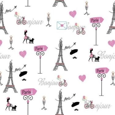 Imagem de Papel de Parede Adesivo Lavável Quarto Feminino Juvenil Rosa Paris Tee