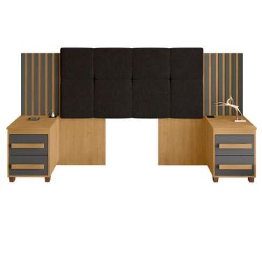 Imagem de Cabeceira Casal Extensível com 2 Mesas de Apoio Ripado e Estofado Cina