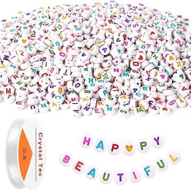 Imagem de Miçangas de letras, DECYOOL Contas de Acrílico Alfabeto com 1 Rolo de Corda Elástica para Colar de Pulseira, Joias Suprimentos (Branco Colorido)