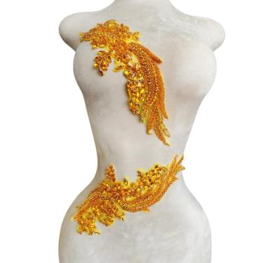 Imagem de 1 par de adesivos feitos à mão com contas de cristal corpete de renda DIY apliques acessórios para roupas sociais 35 x 12 cm (ouro)