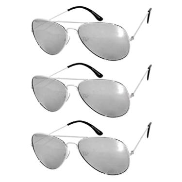 Imagem de Óculos de sol estilo aviador, espelhados, cor prateada, armação de metal, proteção UV, 3 pares, Prata