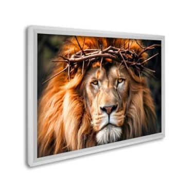Imagem de Quadro Decorativo Leão com Coroa de Espinhos Símbolo de Força e Fé (Branco, 50x75, C/Vidro)