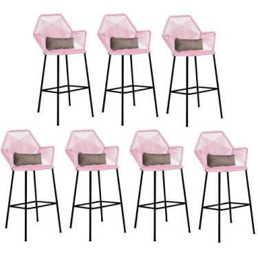 Imagem de Kit 07 Banqueta Alta Com Encosto Sttar Balcão Ferro Preto Fibra Rosa B