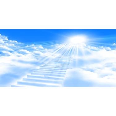 Imagem de DORCEV 6 x 3 m Pano de fundo do céu Escadas para o Céu Paraíso Escadas Luz Sagrada Fundo para Fotografia Céu Azul Nuvens Brancas Pura Eventos da Igreja Recém-nascido Crianças Chá de Bebê Batismo Adereços Retrato