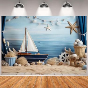 Imagem de Tema de leme náutico, fundo de aniversário de bebê, veleiro, oceano, praia, pirata, festa, pano de fundo, barco, veleiro, barco, tábua, madeira, bandeira, retrato infantil, 2,4 x 1,8 m