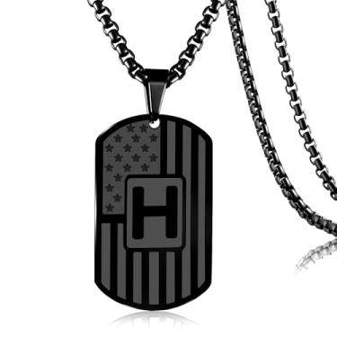 Imagem de HSWYFCJY Colar masculino com inicial com etiqueta de identificação de cão, letra A-Z, bandeira americana, pingente militar, corrente de 3 mm, 61 cm, joia de presente para meninos, Aço inoxidável, Sem