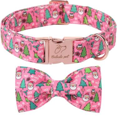 Imagem de Babole Pet Coleira de Natal para cães com gravata borboleta - Linda árvore de Natal e Papai Noel, coleira de cachorro rosa, fivela de metal ajustável, gravata borboleta de inverno para cães pequenos