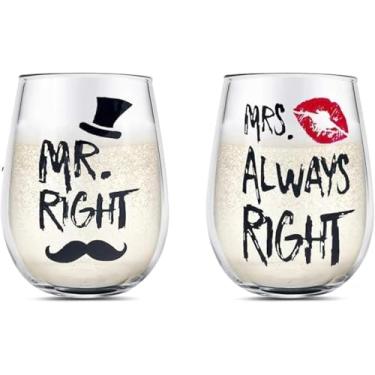 Imagem de Conjunto de taças de vinho para casal MR Right e MRS Always Right Copo de vinho sem haste Presentes para o aniversário de casamento do dia dos namorados para marido, esposa, namorado, namorada