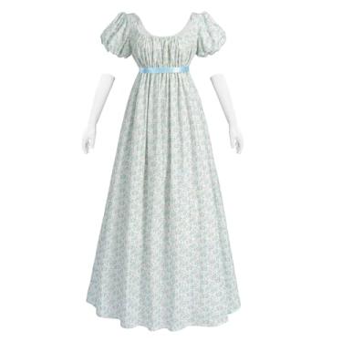 Imagem de Nuoqi Vestidos Regency para mulheres, vestido floral da era regencial, cintura império, vestido longo para chá, Azul, GG