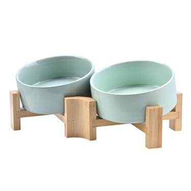 Imagem de SPUNKYJUNKY Tigela inclinada de cerâmica para cães e gatos de 15° com suporte de madeira, tigela inclinada para comida e água para buldogue não escorrega para gatos, cães médios, grandes animais de